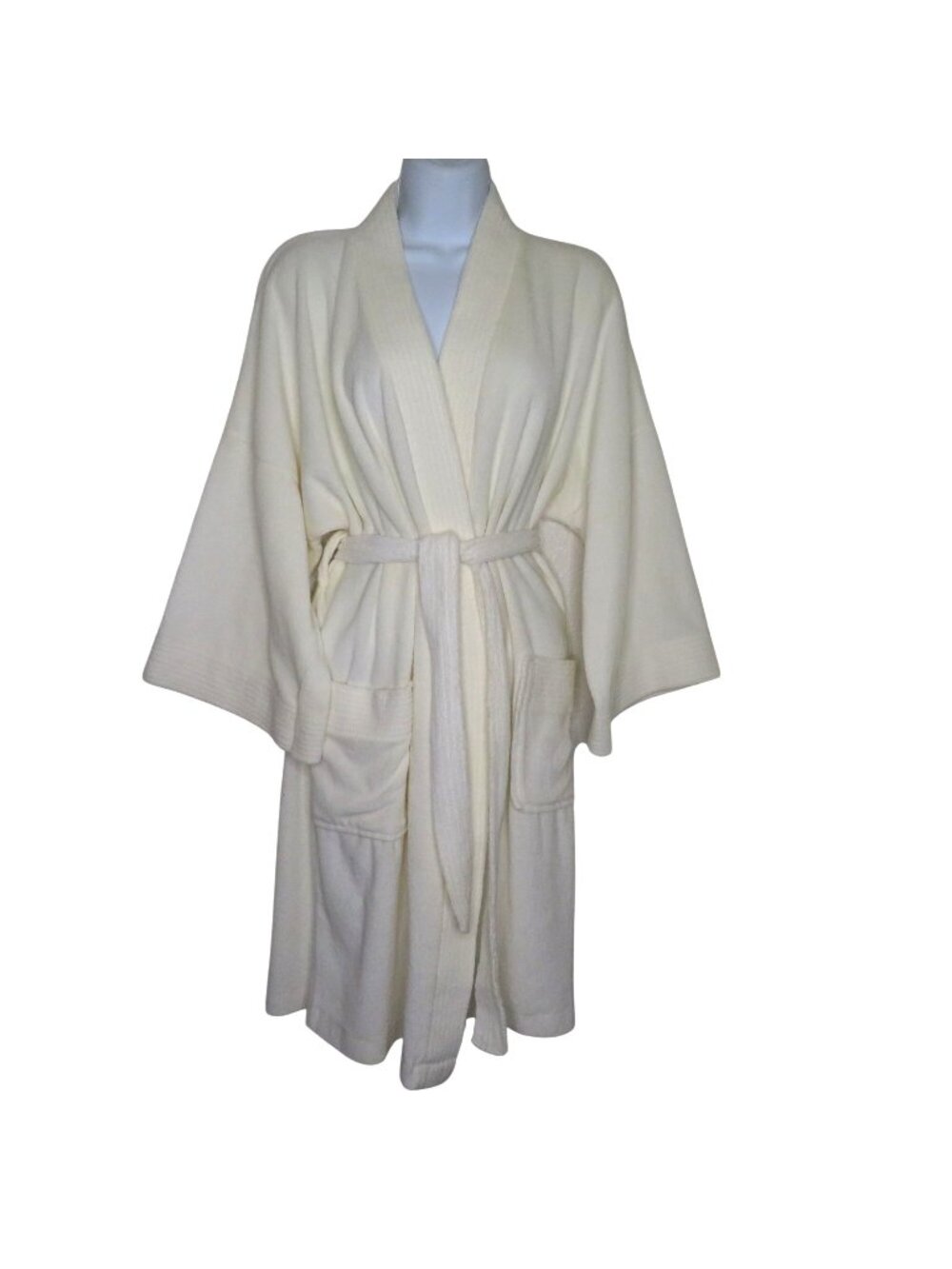 Vintage White Kimono-Style Bath Robe Pockets Tie Belt Womens OS California Made